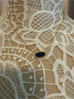 Kendra Scott Gold Necklace with Navy Blue Druzy Pendant